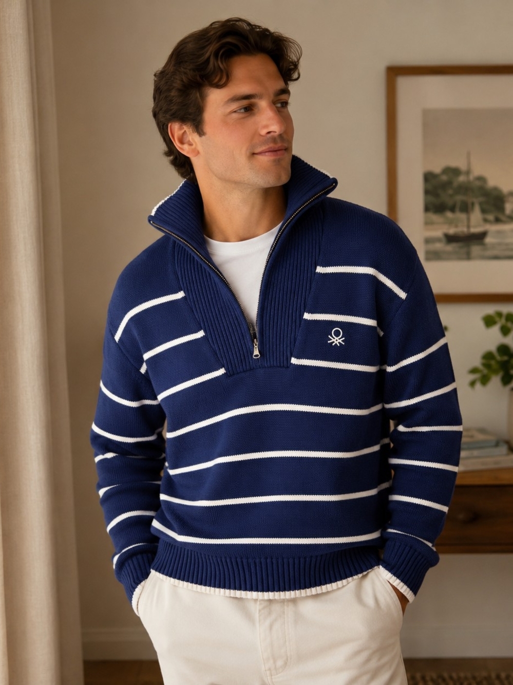 United Colors Of Benetton Cotton Nautical Navy Striped Quarter-Zip Sweater